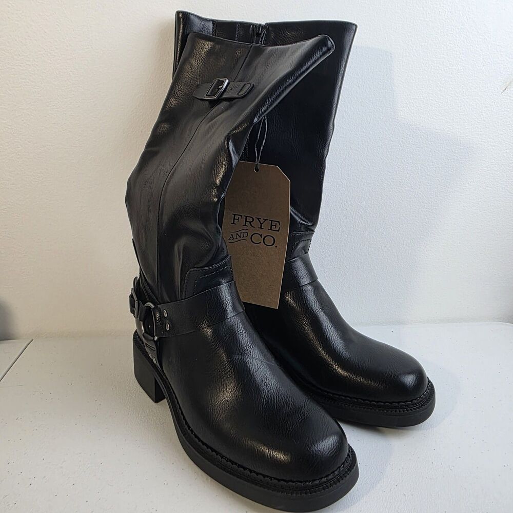 NEW Women's Frye and Co Maeva Boots Block Heel Motorcycle Black Size 7.5 NIB